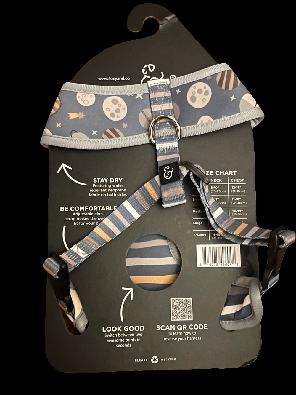 Lucy & Co. Reversible Medium Dog Harness - Space Print (Gray) & Striped - Picture 2 of 2